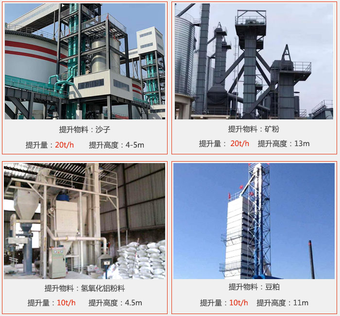 斗式提升机用户使用现场图片：提升沙子提升量：20t/h提升高度：4-5m提升物料：矿粉提升量：20t/h提升高度：13m提升物料：氢氧化铝粉料 提升量：10t/h提升高度：4-5m提升物料：豆粕提升量：10t/h提升高度：11m